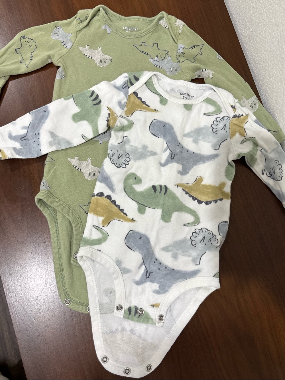 Carter's Green, White, Gray & Gold Dinosaur Long-Sleeve One-Pieces (2)